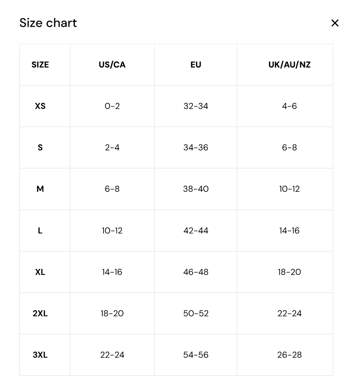 Size chart